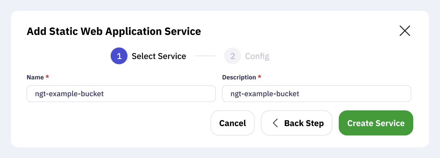A two-step self-service form in a developer portal: service name, description and a Create Service button