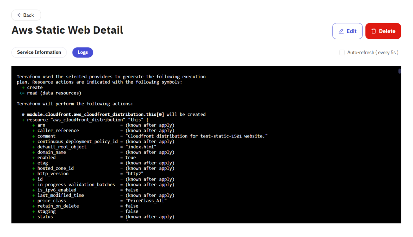 A developer portal page for a static website created from the self-service catalogue, showing the Terraform plan log